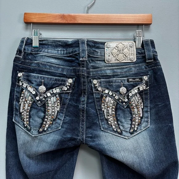 Miss Me Rhinestone Embellished Wing Jeans Slim Boot Cut in Dark Wash 28 - Picture 7 of 11